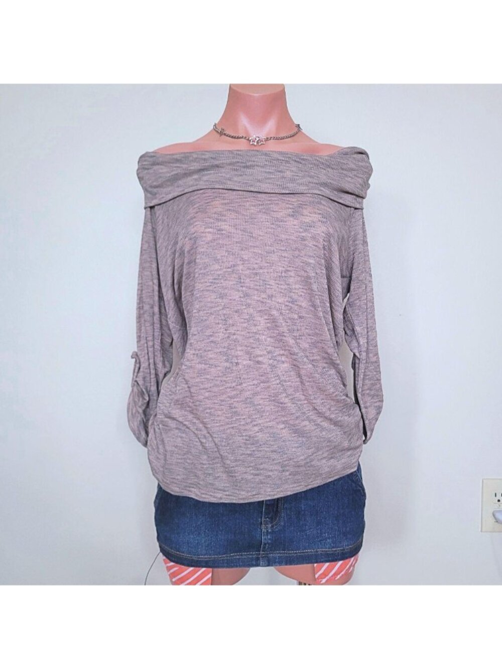 Indie Grey Blue Acid Wash Ruched Off-Shoulder 3/4 Sleeve Tee (L)